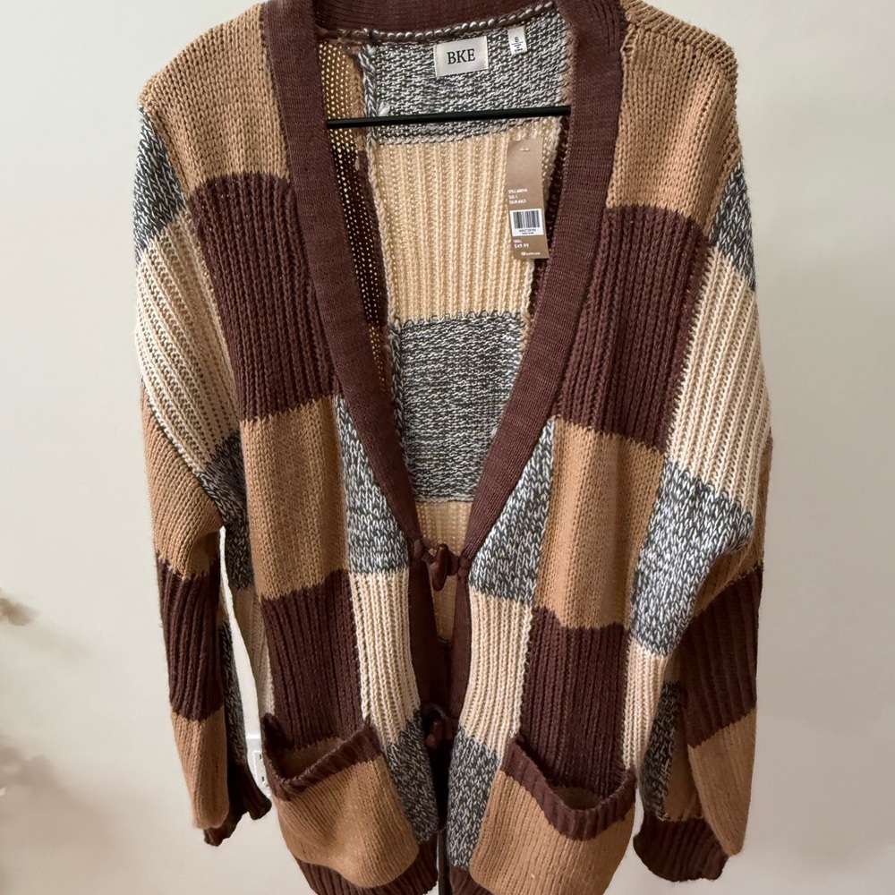 BKE Women's Striped Cardigan Sweater - Brown, Tan, Cream